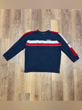 Abercrombie & Fitch Navy Long-Sleeve Crew with Red & White Stripes
